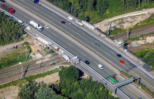 Aerial view, motorway A42 bridge renovation over railway tracks and the river Emscher in
