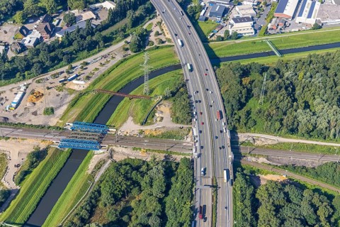Aerial view, motorway A42 bridge renovation over railway tracks and Emscher as well as new railway