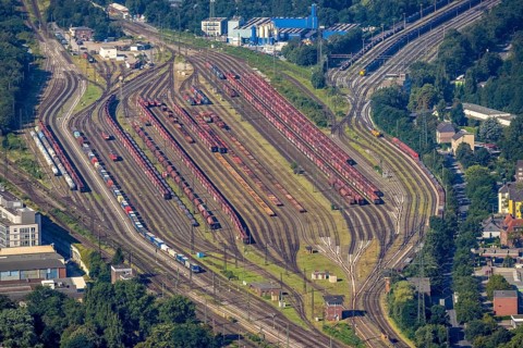 Aerial view, freight yard and marshalling yard Oberhausen West in the district Lirich in