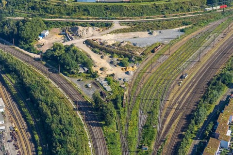 Aerial view, building plot in the Gleisdreieck near Oberhausen main station, Marienviertel,