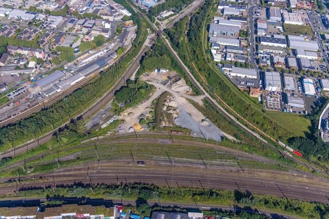 Aerial view, building plot in the Gleisdreieck near Oberhausen main station, Marienviertel,