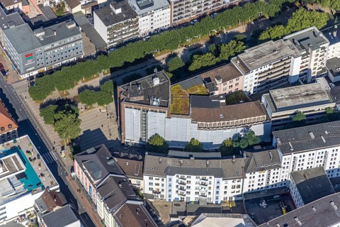 Aerial view, window renovation, covered Bert-Brecht-Haus with municipal adult education facilities