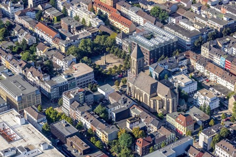 Aerial view, Evangelical Heart of Jesus Church and Old Market with Peace Column in the city centre,