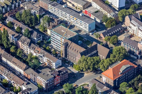 Aerial view, construction site at Elsa-Brändström-Gymnasium, city centre, Oberhausen, Ruhr area,