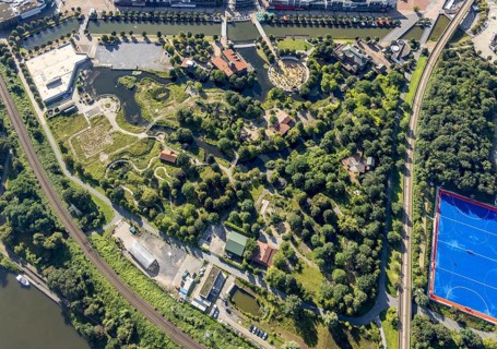 Aerial view, CentrO.Park with Centro Beach area with Beach Club in Centro Oberhausen in Borbeck,