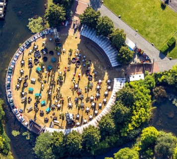 Aerial view, CentrO.Park with Beach Club and Corona distance rule in Centro Oberhausen in Borbeck,