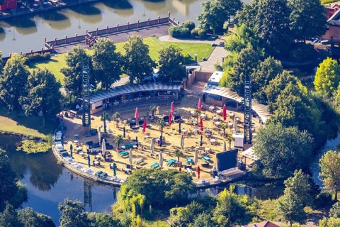 Aerial view, CentrO.Park with Beach Club and Corona distance rule in Centro Oberhausen in Borbeck,