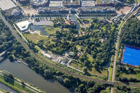 Aerial view, CentrO.Park with Beach Club at Centro Oberhausen in Borbeck, Oberhausen, Ruhr area,