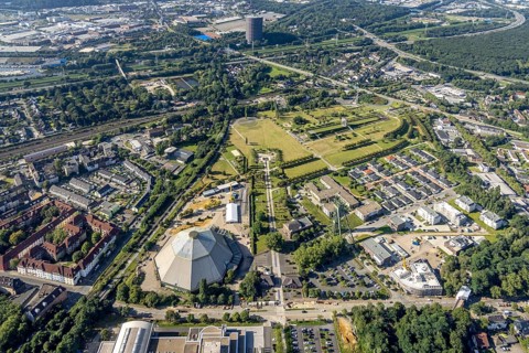 Aerial view, OLGA Park with ASO Oberhausen senior citizens' residence at OLGA Park, winding tower