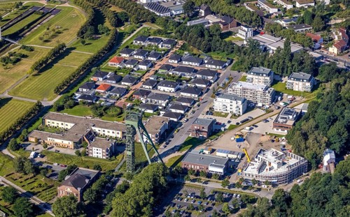 Aerial view, winding tower and Steigerhaus as well as ASO Oberhausen senior citizens' residence at