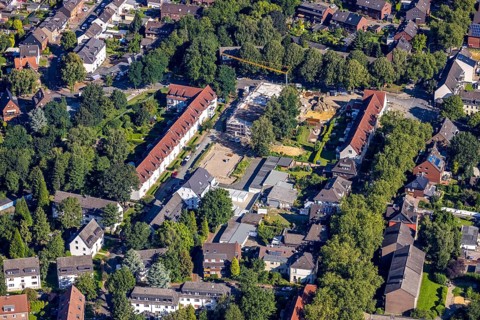 Aerial view, construction site and new building project Auf Der paddock in Dülmener Straße in the
