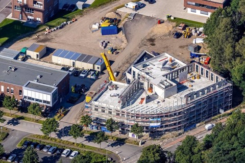 Aerial view, construction site and new building at Vestische Straße corner Zum Steigerhaus at OLGA