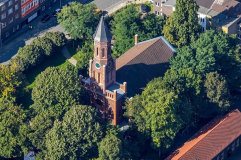 Aerial view, Evangelical Church of Christ, city centre, Oberhausen, Ruhr area, North