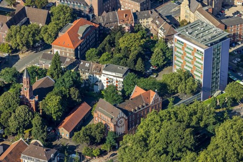 Aerial view, Christuskirche and Adolf-Feld-Schule and Hans-Böckler-Berufskolleg in the high-rise