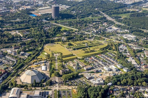 Aerial view, OLGA Park with ASO Oberhausen senior citizens' residence at OLGA Park, winding tower