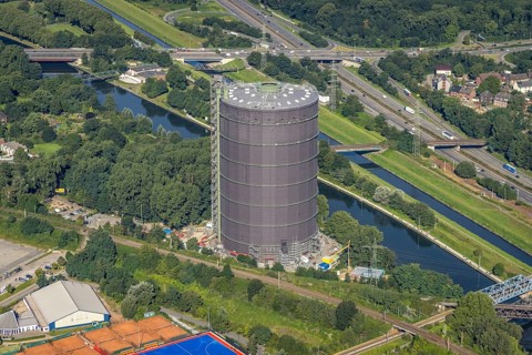 Aerial view, Gasometer Oberhausen at the Rhine-Herne Canal in Borbeck, Oberhausen, Ruhr area, North