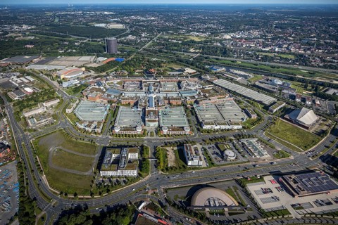 Aerial view, Centro Oberhausen shopping centre with gasometer and König-Pilsener-ARENA in Borbeck,