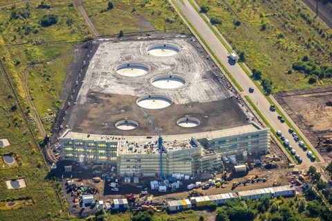 Aerial view, Topgolf course under construction on the steelworks site at Brammenring in Centro