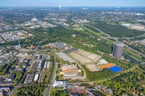 Aerial view, Centro Oberhausen shopping centre with gasometer and König-Pilsener-ARENA as well as