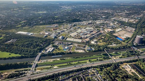 Aerial view, The Topgolf course under construction on the steelworks site at the Brammenring in the