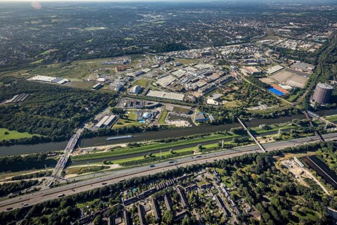 Aerial view, The Topgolf course under construction on the steelworks site at the Brammenring in the