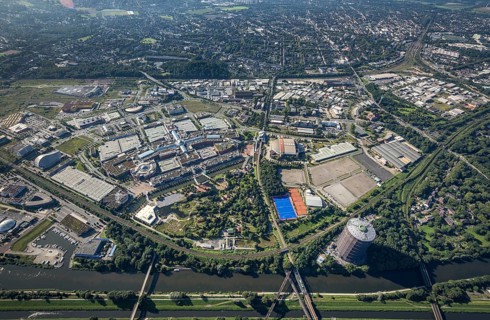 Aerial view, The Topgolf course under construction on the steelworks site at the Brammenring in the