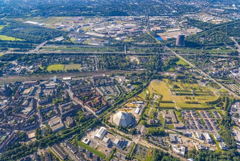 Aerial view, OLGA Park with ASO Oberhausen senior citizens' residence at OLGA Park, winding tower