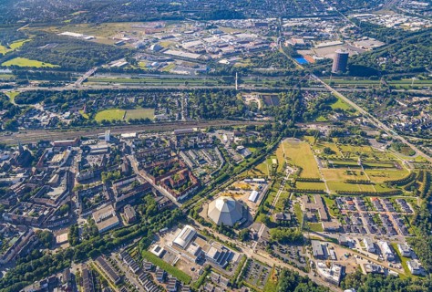 Aerial view, OLGA Park with ASO Oberhausen senior citizens' residence at OLGA Park, winding tower