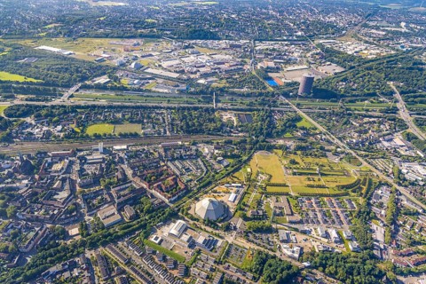 Aerial view, OLGA Park with ASO Oberhausen senior citizens' residence at OLGA Park, winding tower