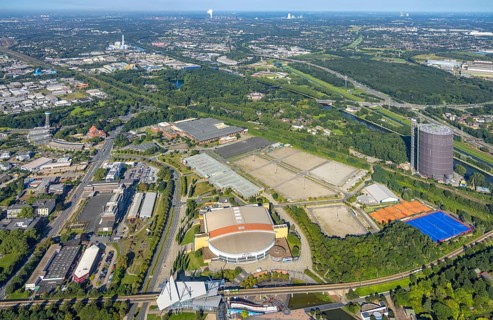 Aerial view, Centro Oberhausen shopping centre with gasometer and König-Pilsener-ARENA as well as