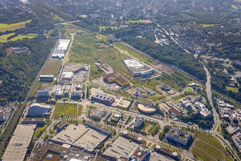 Aerial view, The Topgolf course under construction on the steelworks site at the Brammenring in the