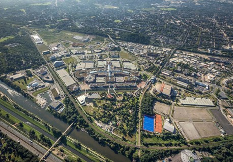 Aerial view, The Topgolf course under construction on the steelworks site at the Brammenring in the