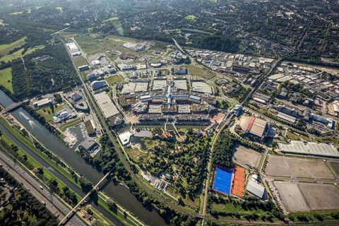 Aerial view, The Topgolf course under construction on the steelworks site at the Brammenring in the