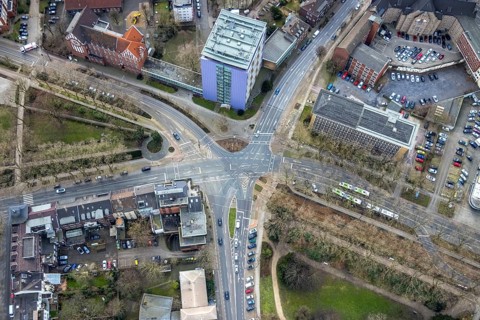 Aerial view, Hans-Böckler-Berufskolleg, Marienviertel, Oberhausen, Ruhr area, North