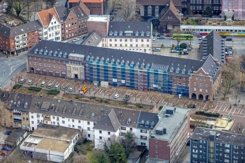 Aerial view, Friedensplatz, police station, house facade renovation, city centre, Oberhausen, Ruhr