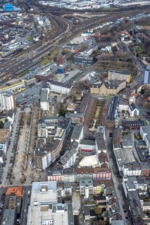 Aerial view, Bert-Brecht-Haus, Paul-Reusch-Straße, Friedensplatz, police station, house facade