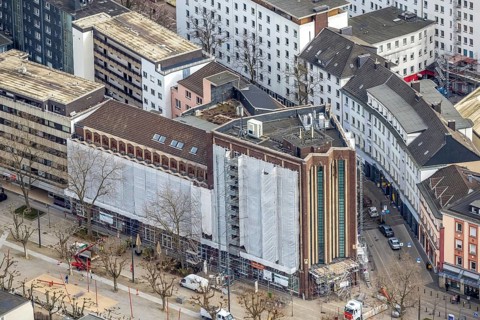 Aerial photograph, Bert-Brecht-Haus, city centre, Oberhausen, Ruhr area, North Rhine-Westphalia,