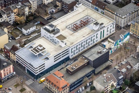Aerial view, hotel of the Plaza-Group, former building Galeria Kaufhof, Marktstraße, city centre,