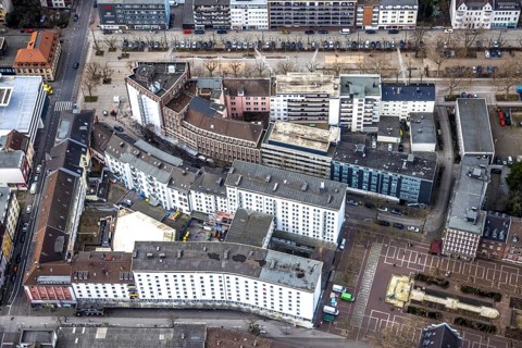 Aerial photograph, Bert-Brecht-Haus, city centre, Oberhausen, Ruhr area, North Rhine-Westphalia,