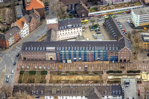 Aerial view, Friedensplatz, police station, house facade renovation, city centre, Oberhausen, Ruhr
