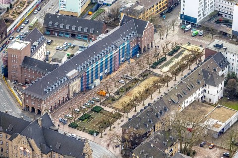 Aerial view, Friedensplatz, police station, house facade renovation, city centre, Oberhausen, Ruhr