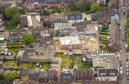 Aerial view, construction site and new building day care centre Karlstraße, Tackenberg West,