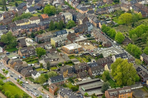 Aerial view, construction site and new building day care centre Karlstraße, Tackenberg West,