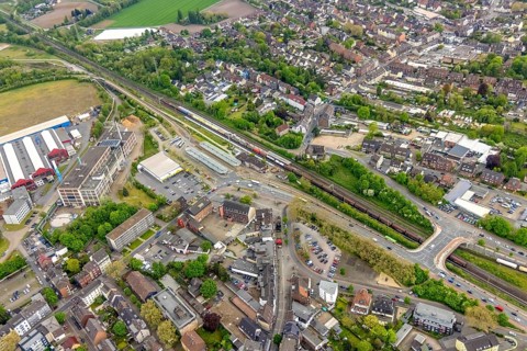 Aerial view, railway station and bus station, biomass cogeneration plant of Energieversorgung