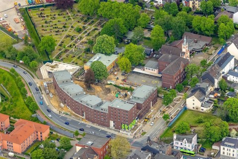 Aerial view, construction site and new building day care centre and flats, Steinbrinkstraße corner