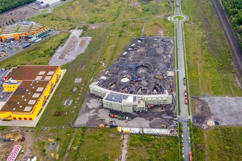 Aerial view, Centro Oberhausen, construction site Brammenring on the Centro site, Borbeck,
