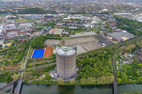 Aerial view, gasometer venue, Borbeck, Oberhausen, Ruhr area, North Rhine-Westphalia, Germany,