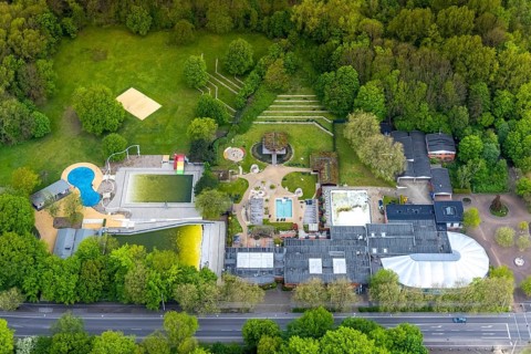 Aerial view, Revierpark Vonderort with Solbad Vonderort in Osterfeld, algae in swimming pool,