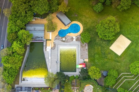 Aerial view, Revierpark Vonderort with Solbad Vonderort in Osterfeld, algae in swimming pool,