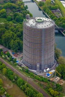 Aerial view, gasometer venue, Borbeck, Oberhausen, Ruhr area, North Rhine-Westphalia, Germany,